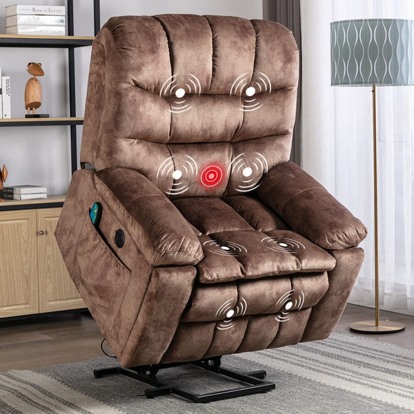CANMOV Large Power Lift Recliner Chairs with Massage and Heat for Elderly, Heavy Duty and Safety Motion Reclining Mechanism Electric Wide Recliners with USB Ports, 2 Concealed Cup Holders, Brown