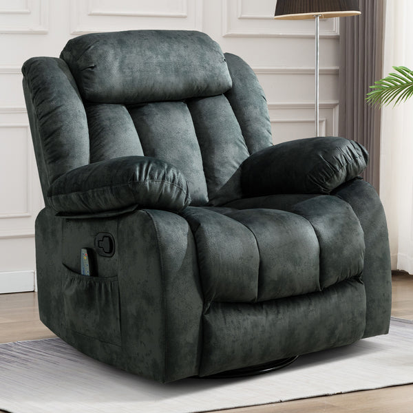 CANMOV Massage Rocker Recliner with Heat and Vibration, 360 Degree Swivel Manual Antiskid Fabric Single Sofa Heavy Duty Reclining Chair for Living Room,Grey Green