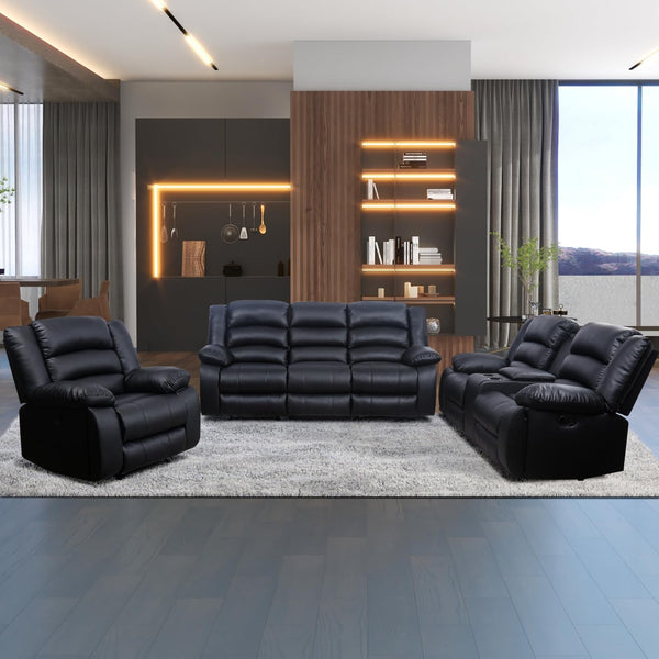 EBELLO Faux Leather Manual Recliner Sofa Set, Recliner Chair, Loveseat Reclining Sofa and 3 Seat Recliner Sofa, Couch Set for Living Room, Bedroom, Meeting Room, Black (Recliner+Loveseat+Sofa)