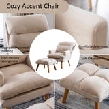 INZOY Accent Chairs with Ottoman, Velvet Fabric Armchair with Ottoman for Bedroom Living Room, Mid Century Modern Chair with Adjustable Backrest and Side Pockets, Beige