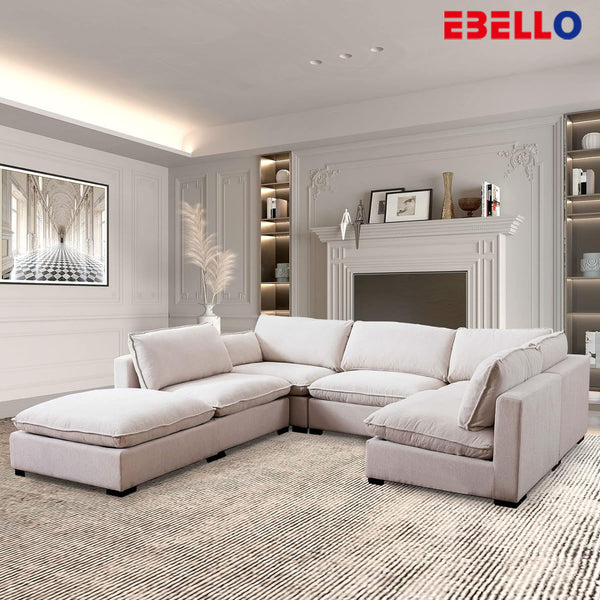 EBELLO Velvet Modular Sofa Set, 6 Piece Sectional Sofa with Toasted Solid Wood Legs, Down Pillows L Shaped Couchs for Living Room