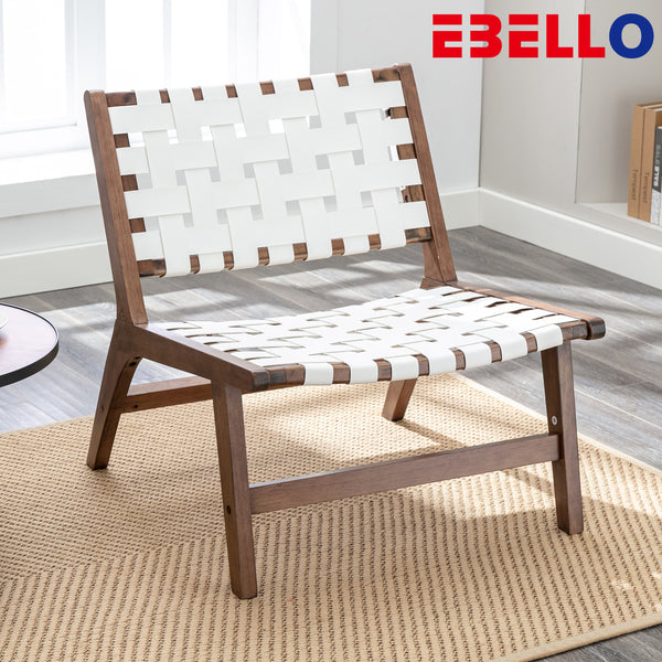 EBELLO Woven Accent Chair, Patio Lounge Chair with Wide Seat, Leather Mid Century Modern Accent Chair, Wood Recliner Chair for Living Room, Bedroom