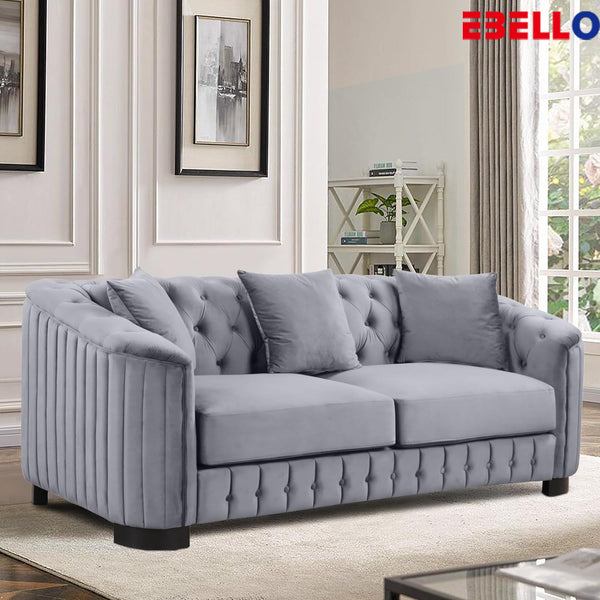 EBELLO Velvet Tufted Sofa, Modern Upholstered Mid-Century 3 Seater Couch Sofa with Thick Padded Seat Cushion and Solid Wood Feet, for Living Room, Bedroom, or Small Space, Gray