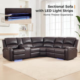 EBELLO Power Reclining Sectional Sofa with LED Light, Faux Leather Sectional Couch for Living Room, Modern Corner Furniture Sets with 2 Recliner Seats, Cup Holders, Storage Console, Brown
