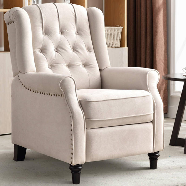 CANMOV Push Back Recliner Chair, Elizabeth Fabric Recliner Armchair with Wing Back, Padded Seat and Nailhead Trim, Tufted, Single Sofa Accent Chair, White