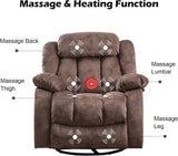 CANMOV Massage Rocker Recliner with Heat and Vibration, 360 Degree Swivel Manual Antiskid Fabric Single Sofa Heavy Duty Reclining Chair for Living Room, Dark Brown