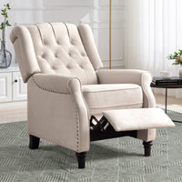 CANMOV Push Back Recliner Chair, Elizabeth Fabric Recliner Armchair with Wing Back, Padded Seat and Nailhead Trim, Tufted, Single Sofa Accent Chair, White