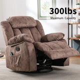 CANMOV Massage Rocker Recliner with Heat and Vibration, 360 Degree Swivel Manual Antiskid Fabric Single Sofa Heavy Duty Reclining Chair for Living Room, Dark Brown