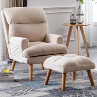 CANMOV Modern Accent Chair with Ottoman, Soft Fabric Armchair with Adjustable Backrest and Side Pockets, Comfy Lounge Chair for Living Room, Bedroom, Apartment, Office, Beige