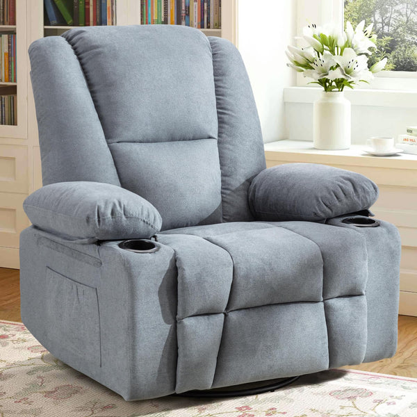 INZOY Swivel Rocker Recliner Chair, Manual Nursery Rocking Recliner Chair with 2 Cup Holder, 360 Degree Swivel Glider Recliner, Soft Fabric Overstuffed Reclining Chair Home Theater Seat, Blue