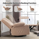 INZOY Swivel Rocker Recliner Chair, Manual Nursery Rocking Recliner Chair with 2 Cup Holder, 360 Degree Swivel Glider Recliner, Overstuffed Soft Fabric Reclining Chair Home Theater Seat, Light brown